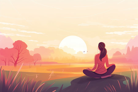 Woman meditating in lotus pose at sunset. Vector illustration.の素材