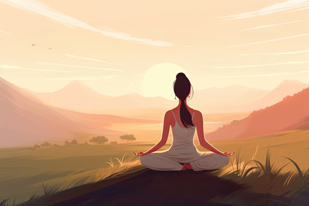 Woman meditating in lotus position at sunset. Vector illustration.の素材