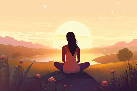 Silhouette of yoga woman in lotus pose on sunset backgroundの素材