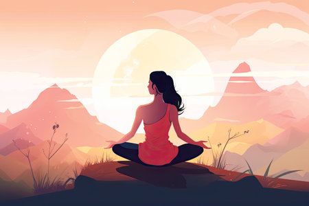 Woman meditating in lotus position at sunset, vector illustration.の素材
