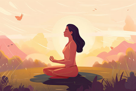 Yoga in the lotus position at sunset. Vector illustration.の素材