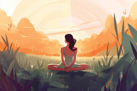 Young woman practicing yoga in the meadow at sunset. Vector illustrationの素材