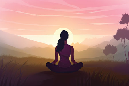 Woman practicing yoga in the lotus position on the mountain. Vector illustrationの素材