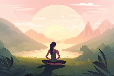 Woman meditating in lotus position in the mountains. Vector illustrationの素材