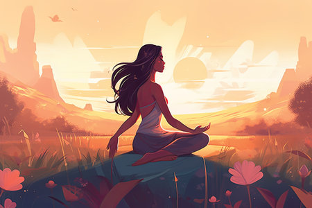 Beautiful girl meditating in the meadow at sunset. Vector illustrationの素材