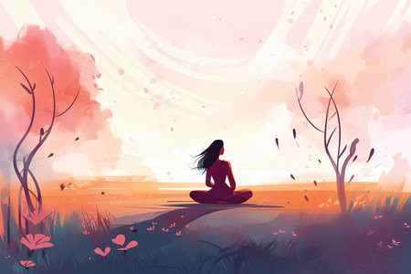 Beautiful woman practicing yoga in the park at sunset. Vector illustration.の素材