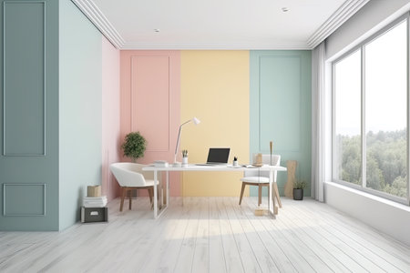 Interior of modern office with blue and pink walls, wooden floor, white computer table with chairs and bookcase. 3d renderingの素材