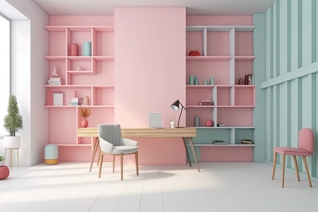 Interior of modern office with pink walls, tiled floor, comfortable white armchair and bookcase. 3d renderingの素材