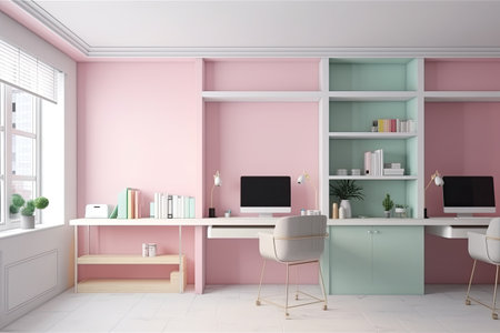 Pink office interior. Workplace with computer. 3d rendering.の素材