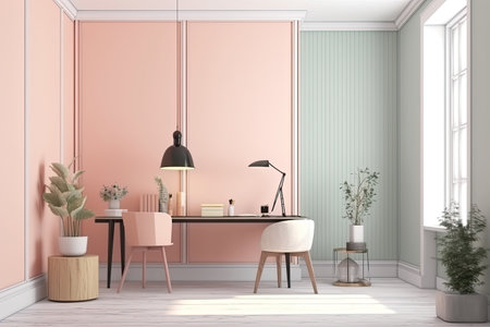 Interior of modern office with pink walls, wooden floor, comfortable workplace and armchair. 3d renderの素材