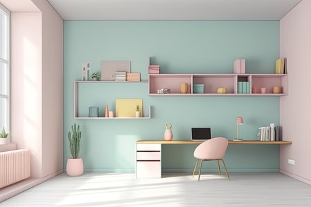 Interior of a modern living room with a computer, bookshelf and a pink chair - renderingの素材