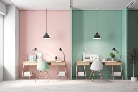 Interior of modern office with pink walls, wooden floor, rows of white computer tables and green chairs. 3d renderingの素材