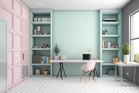 Interior of modern office with pink walls, white wooden floor, blue computer desk and bookcase. 3d renderingの素材