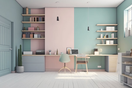 Interior of modern office with blue and pink walls, wooden floor, white computer desk and bookcase. 3d renderingの素材