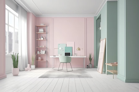 Interior of modern living room with pink walls, white wooden floor, bookcase and personal computer. 3d renderingの素材