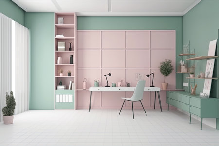 3D rendering of a modern office interior with a pink wall.の素材