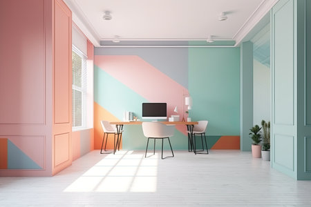 Interior of modern office with pink and blue walls, white wooden floor, rows of computer tables and chairs. 3d renderingの素材