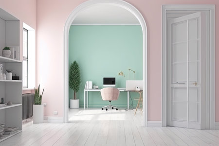 Interior of modern office with green walls, white wooden floor, white computer table and bookcase. 3d renderingの素材