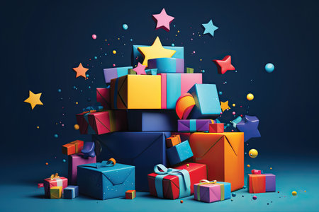 Colorful gift boxes and stars on blue background. 3D renderingの素材