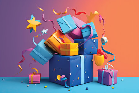 Gift box with confetti and ribbons. 3d renderingの素材