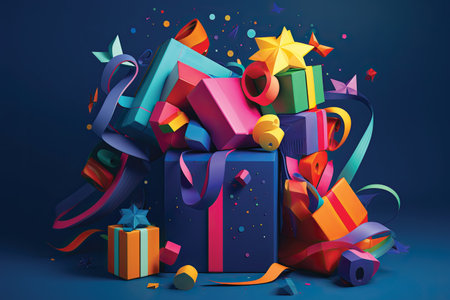 Gift boxes and confetti on blue background. 3D renderingの素材