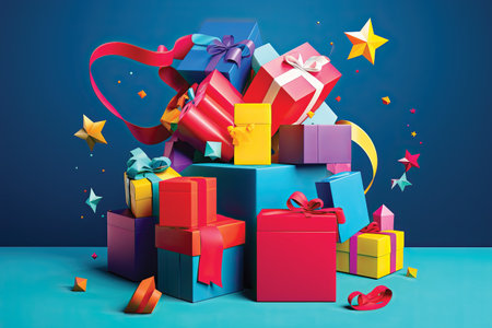 Gift boxes and confetti on blue background. 3d renderingの素材