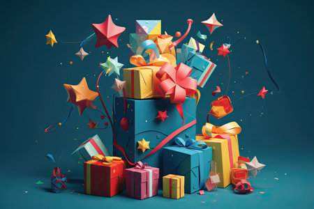 Gift boxes with ribbons and confetti on blue background. 3D renderingの素材