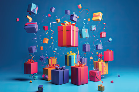 Gift boxes and confetti flying on blue background. 3D renderingの素材