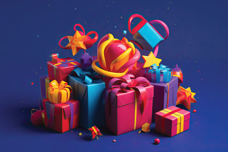 3d illustration of gift boxes and stars on a blue background.の素材