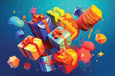 Colorful gift boxes with ribbons and stars flying in the airの素材
