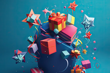 Gift boxes with ribbons and stars on blue background. 3D renderingの素材