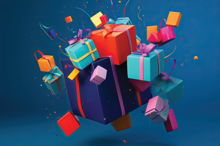 Colorful gift boxes flying in the air. 3D rendering.の素材
