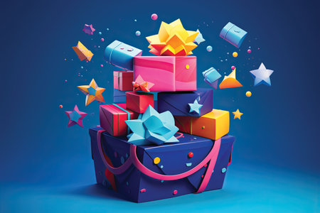 3d illustration of colorful gift boxes with stars and confetti on blue backgroundの素材