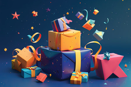 Gift boxes on blue background with confetti. 3D renderingの素材