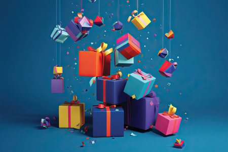 gift boxes and confetti on blue background. 3d renderingの素材