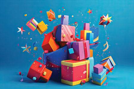 Colorful gift boxes and confetti on blue background. 3d renderingの素材