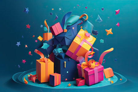 Gift box and confetti on blue background. Vector illustration.の素材