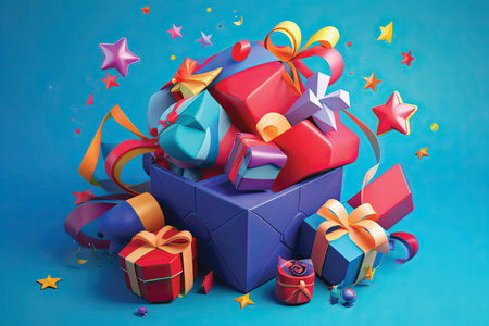 Gift boxes with ribbons and confetti on blue background. 3d illustrationの素材