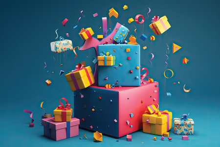 Colorful gift boxes and confetti on blue background. 3d renderingの素材