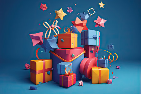 Colorful gift boxes on blue background. 3d render illustration.の素材