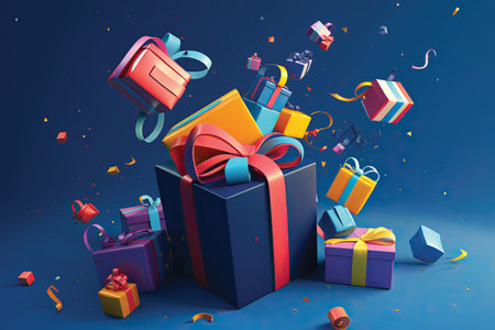 Gift boxes and confetti on blue background. 3D renderingの素材
