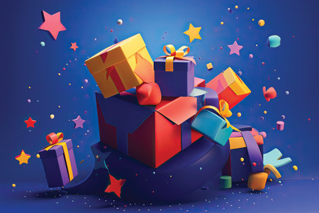 Gift boxes and confetti on blue background. Vector illustration.の素材