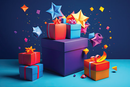 Gift box with confetti on blue background. 3d renderingの素材