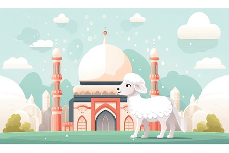 Sheep and mosque in the background. Flat style vector illustration.の素材