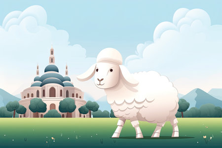 Sheep in the meadow with mosque in the background. Vector illustrationの素材