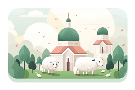 Sheep and church in the countryside. Vector illustration in flat styleの素材