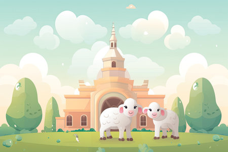 Sheep in front of the church. Cartoon style vector illustration.の素材