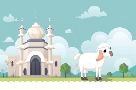 Sheep and mosque in the meadow. Vector illustration of a cartoon style.の素材