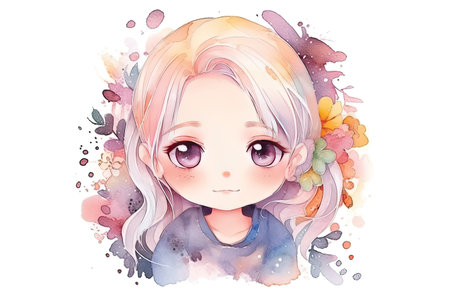 Illustration of a cute little girl with colorful watercolor splashesの素材