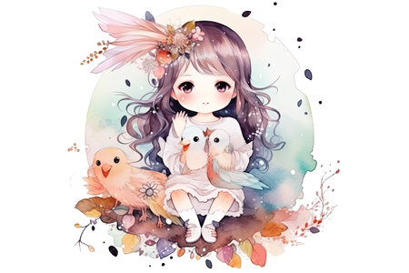 Watercolor illustration of a cute little girl and birds on a white backgroundの素材